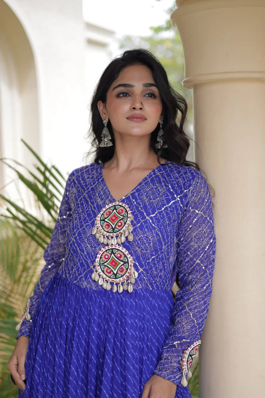 royal blue sequin leheriya gown close up of dual kutchi mirror medallions