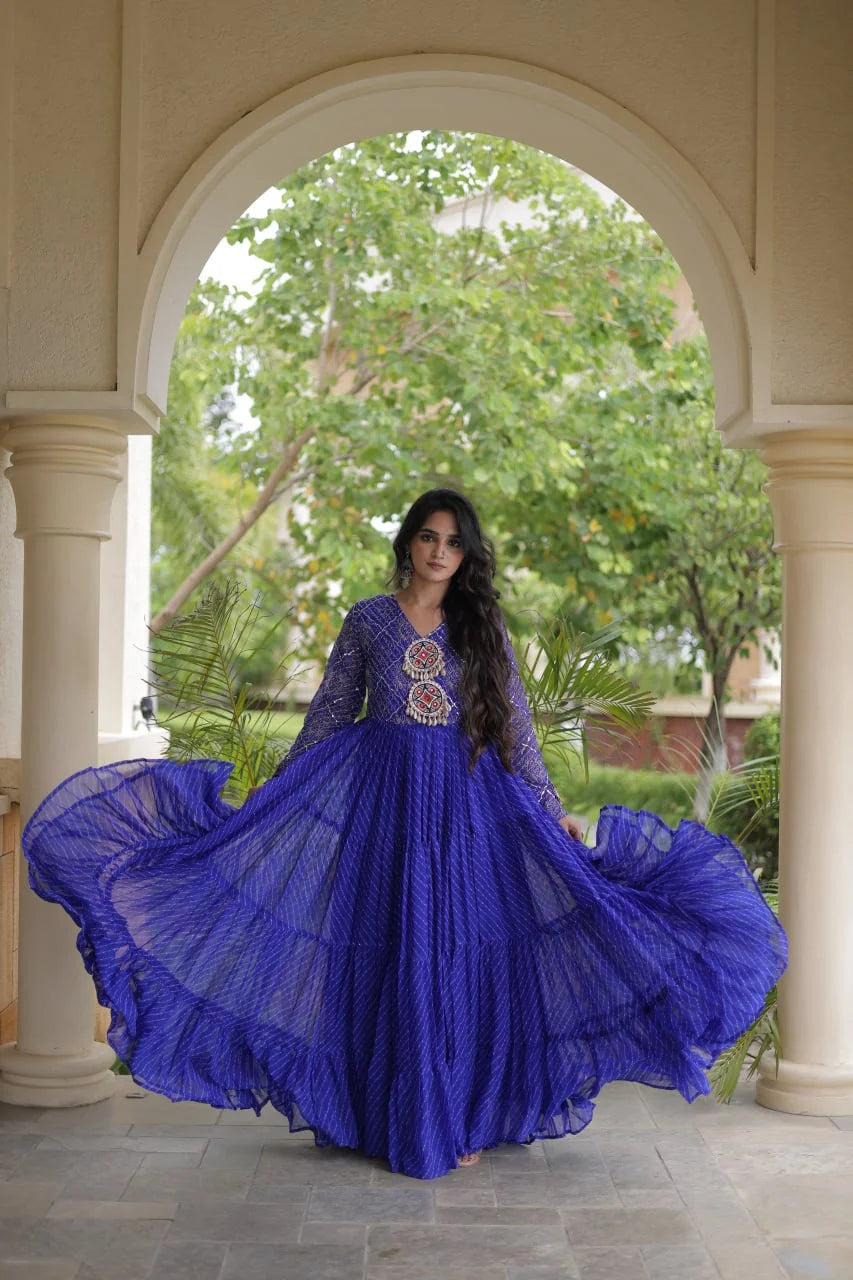 royal blue sequin leheriya gown twirl with tiered ruffle flair