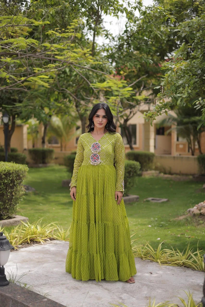 green sequin leheriya gown full length for garba