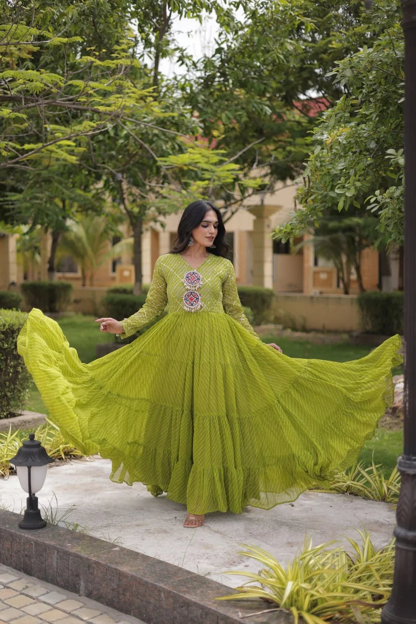 mehndi green sequin leheriya gown twirl with 12 meter flair