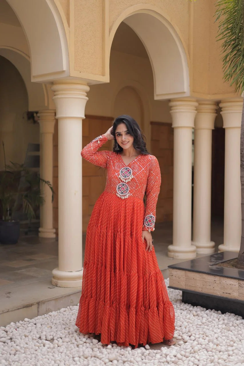 rust orange sequin leheriya gown full view for navratri