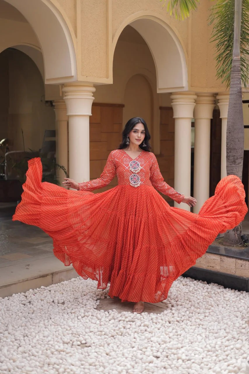 rust orange sequin leheriya gown twirl with tiered ruffle flair