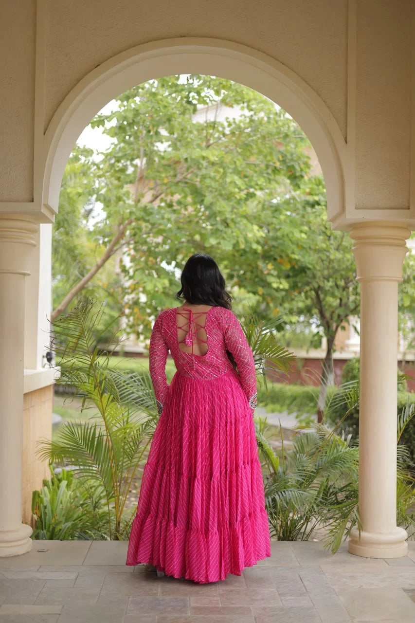 back view of pink sequin leheriya gown with tie-up dori