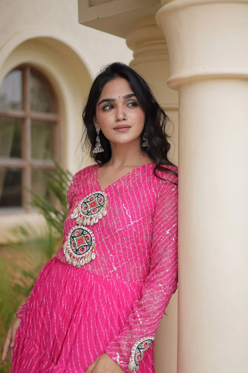 pink sequin leheriya gown portrait with kutchi mirror medallion yoke