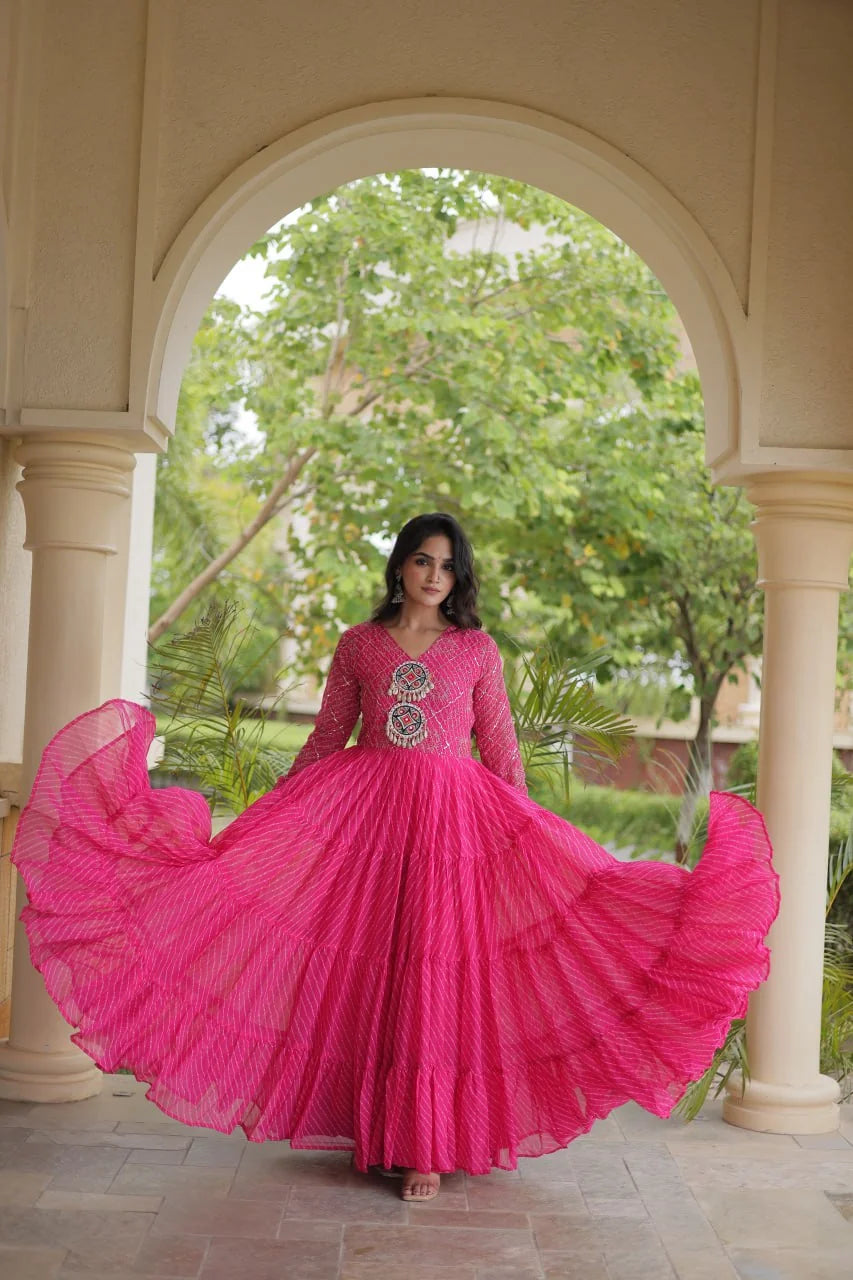 rani pink sequin leheriya gown with 12 meter tiered flair twirl