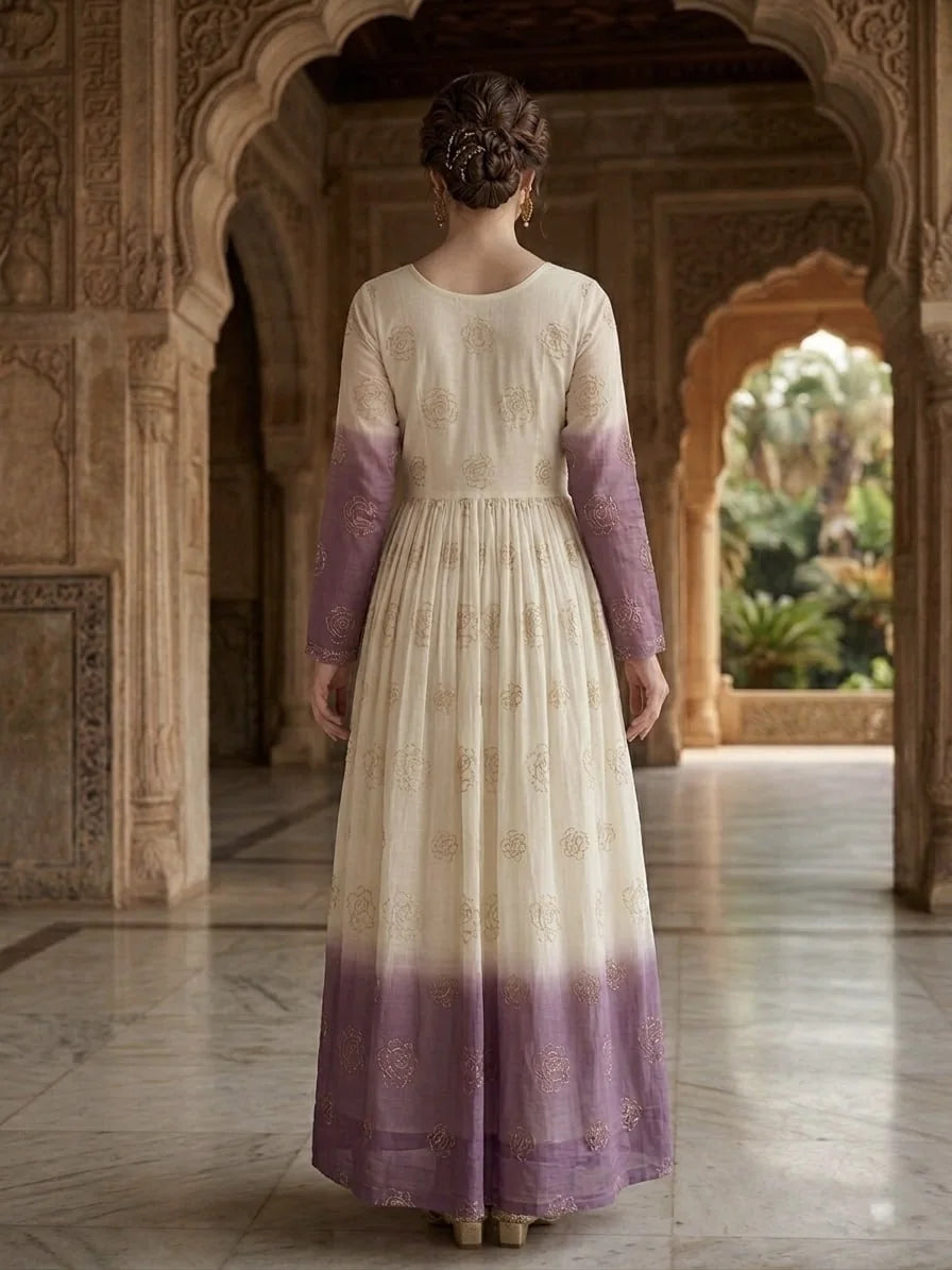Lavender shaded anarkali gown – back view showing golden floral sequin work across 56-inch hem