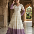 Shaded anarkali gown in lavender ombre with golden pipe sequin floral embroidery – front view