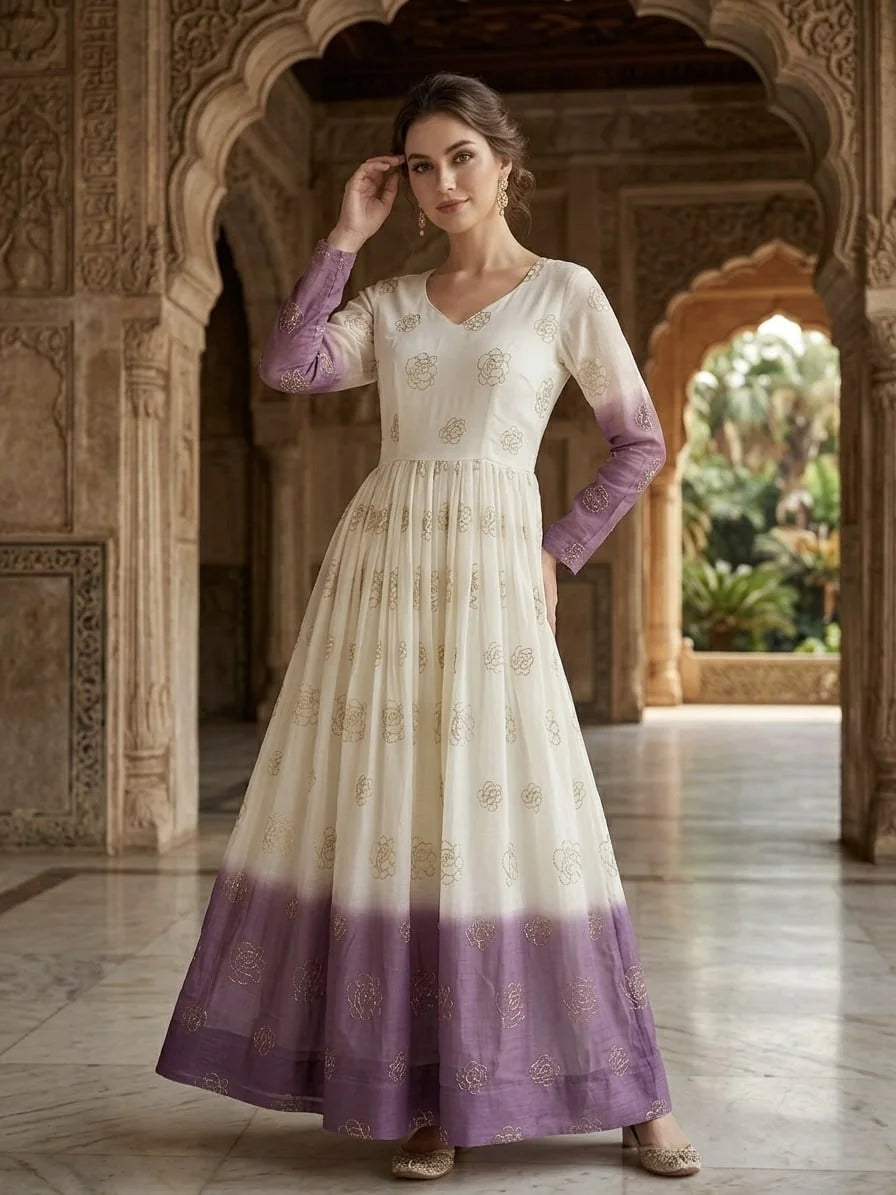 Shaded anarkali gown in lavender ombre with golden pipe sequin floral embroidery – front view