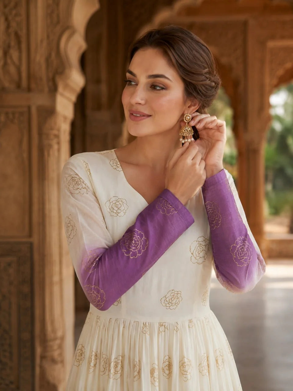 Golden pipe sequin floral embroidery detail on shaded anarkali gown – ivory to lavender ombre