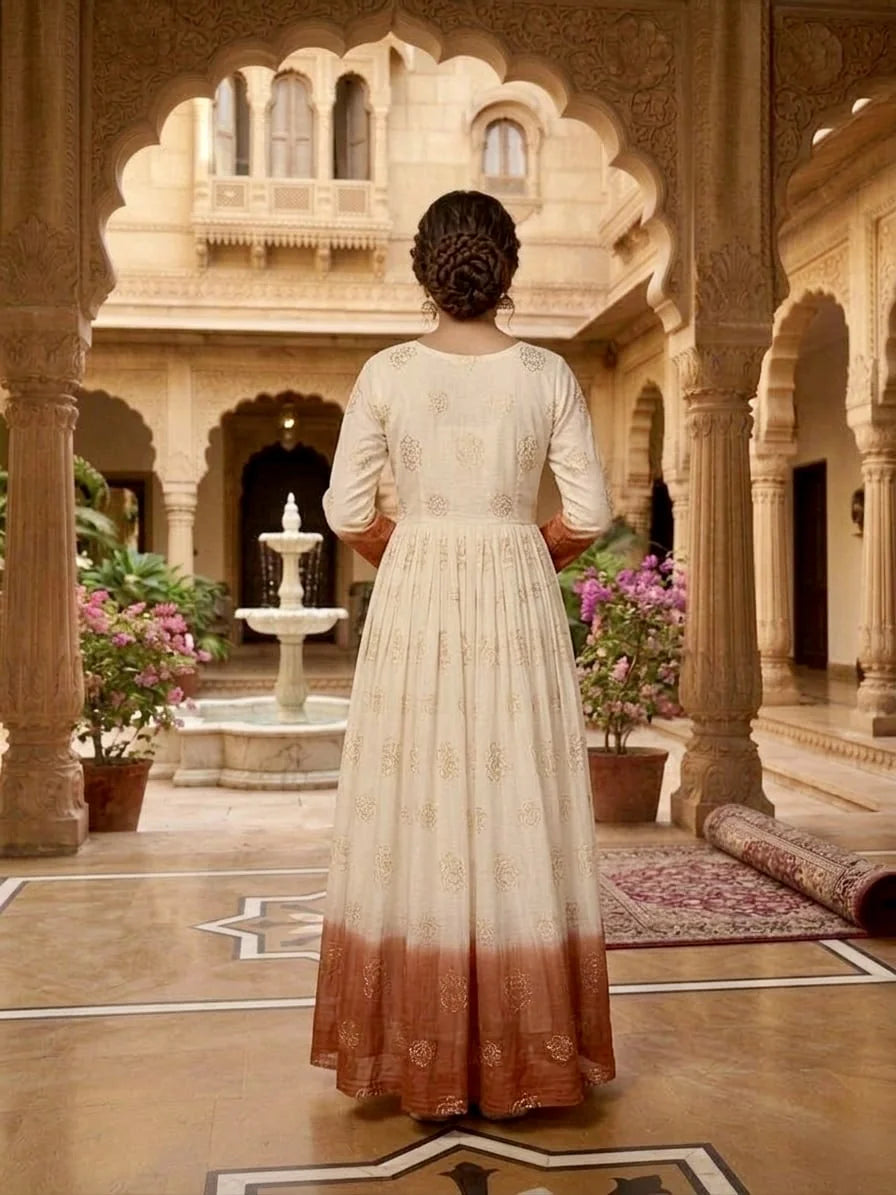 Rust ombre shaded anarkali gown – back view with cotton lining and canvas patta finish