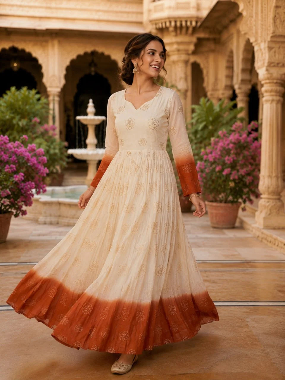 Shaded anarkali gown in rust – front twirl showing 3.5M flair and pipe sequin work