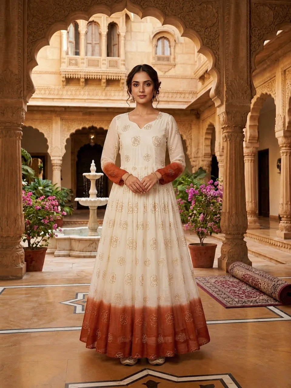 Shaded anarkali gown in rust – full standing view with ivory to copper ombre and gold work