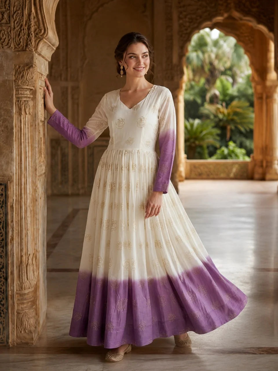 Rust copper shaded anarkali gown – upper body showing golden pipe sequin floral work