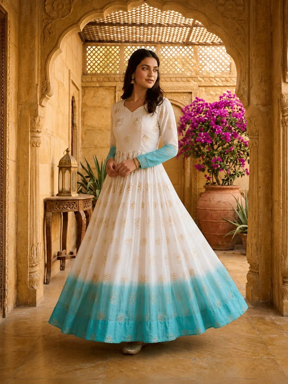 Sky blue shaded anarkali gown in motion – 3.5 metre flair with pipe sequin embroidery