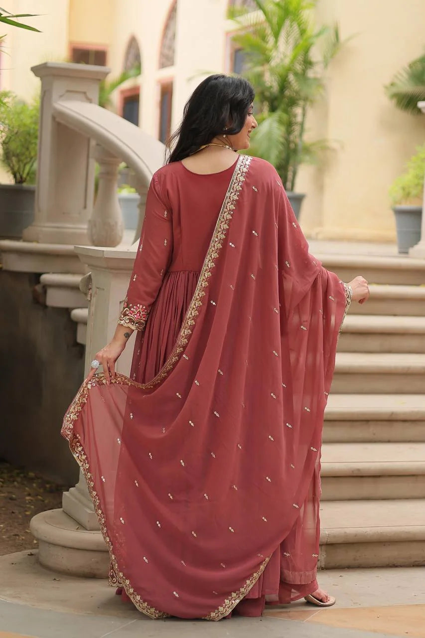 dusty rose sharara set for women back view with dupatta