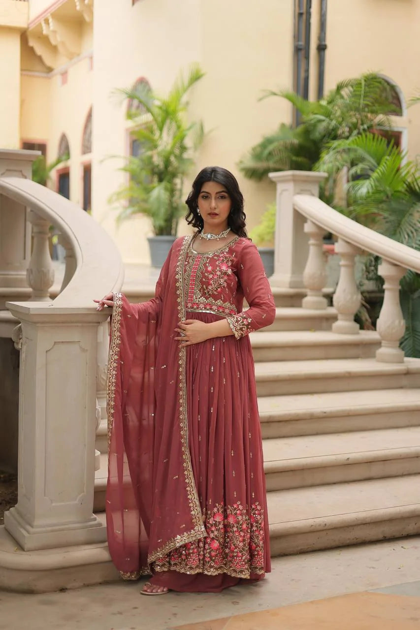 dusty rose embroidered georgette sharara set front view