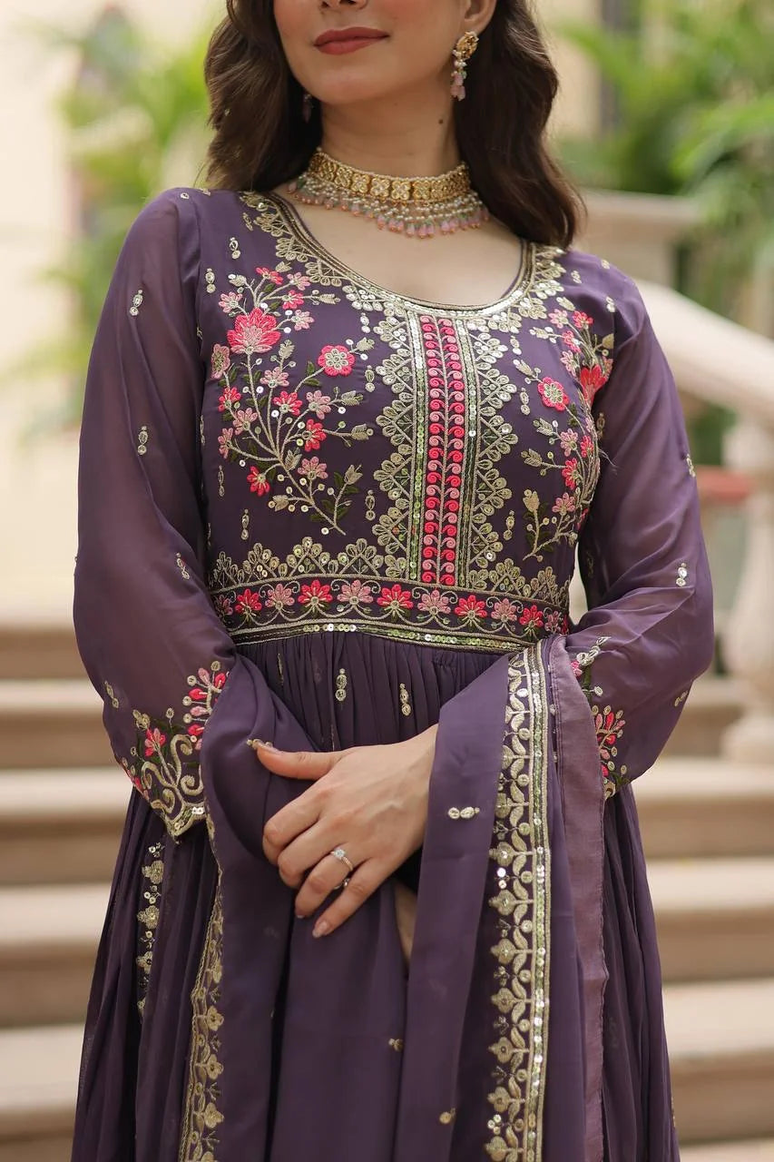 purple sharara set multicolour thread embroidery closeup