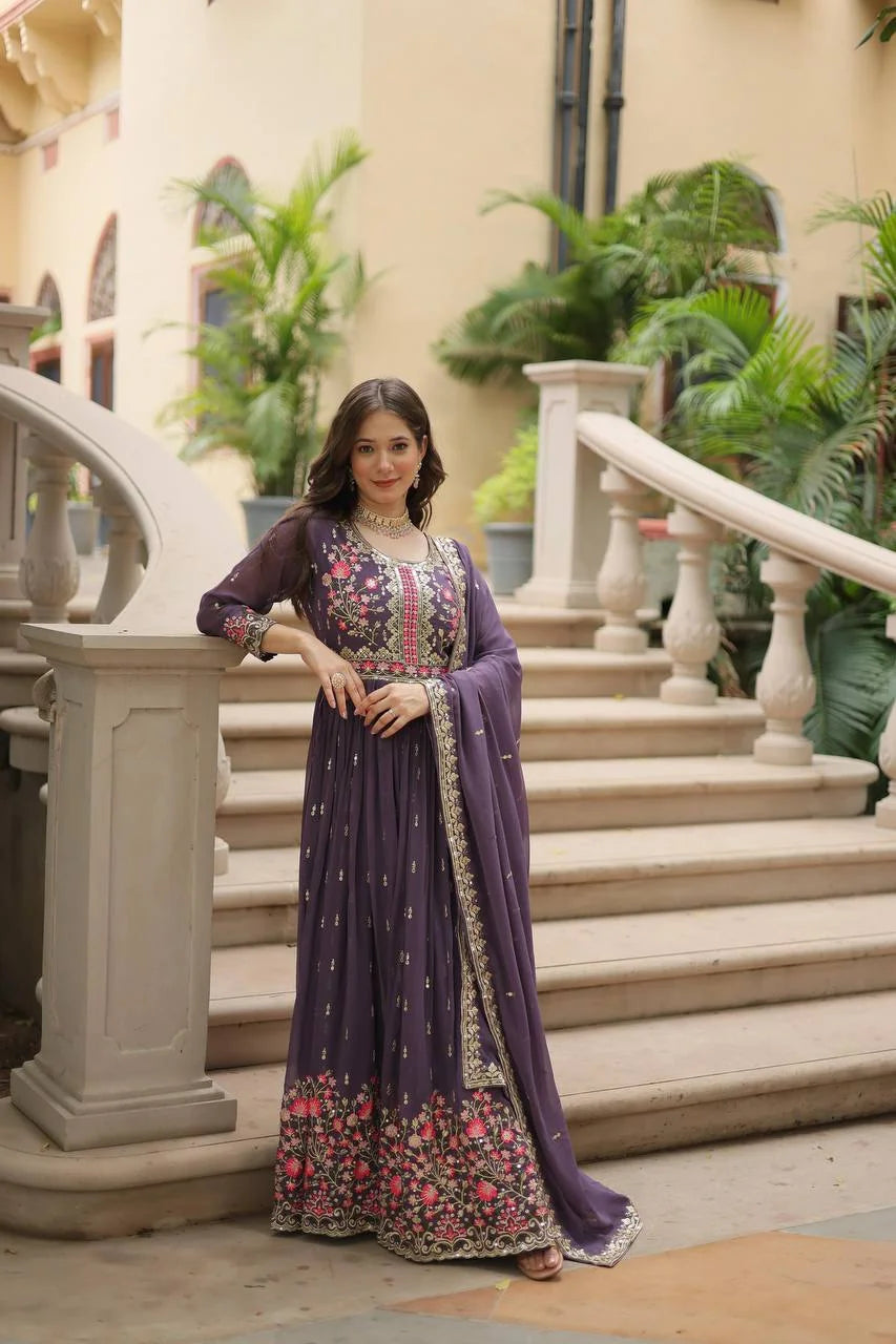 purple embroidered georgette sharara set with dupatta