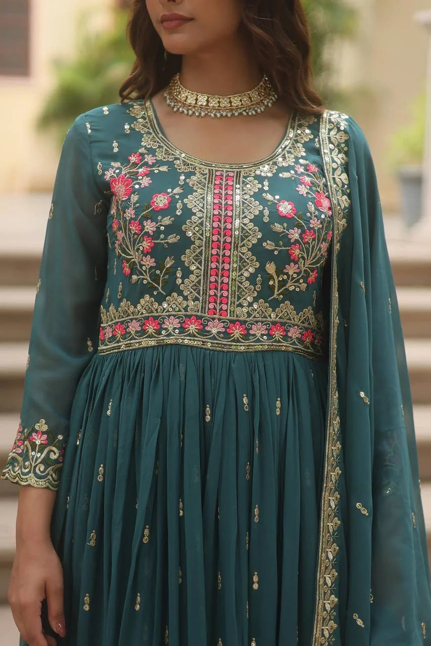teal green sharara set sequin thread embroidery closeup