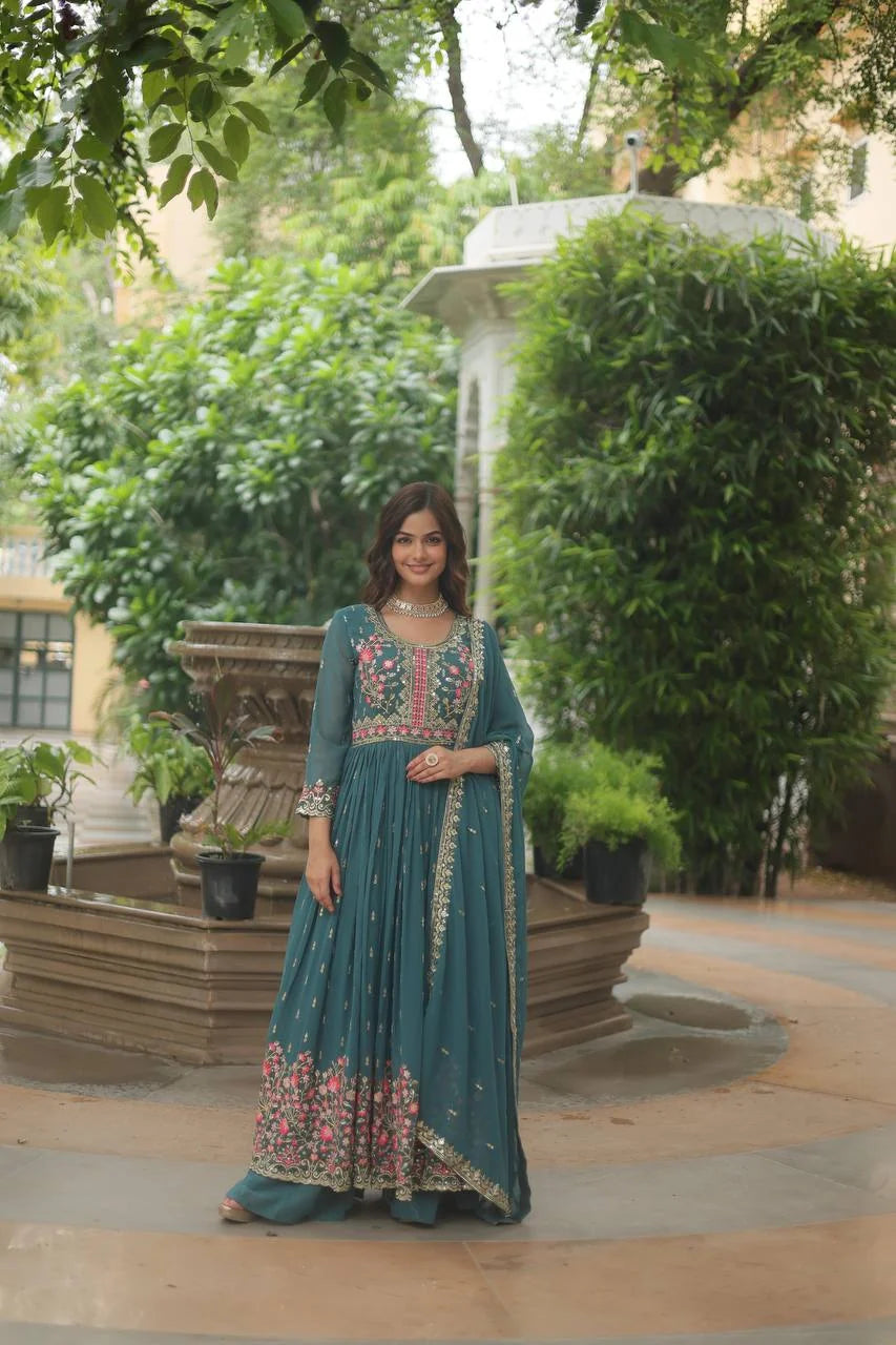 teal green georgette sharara set with dupatta full view