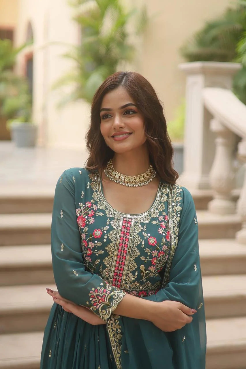 teal sharara set for women portrait with embroidered yoke