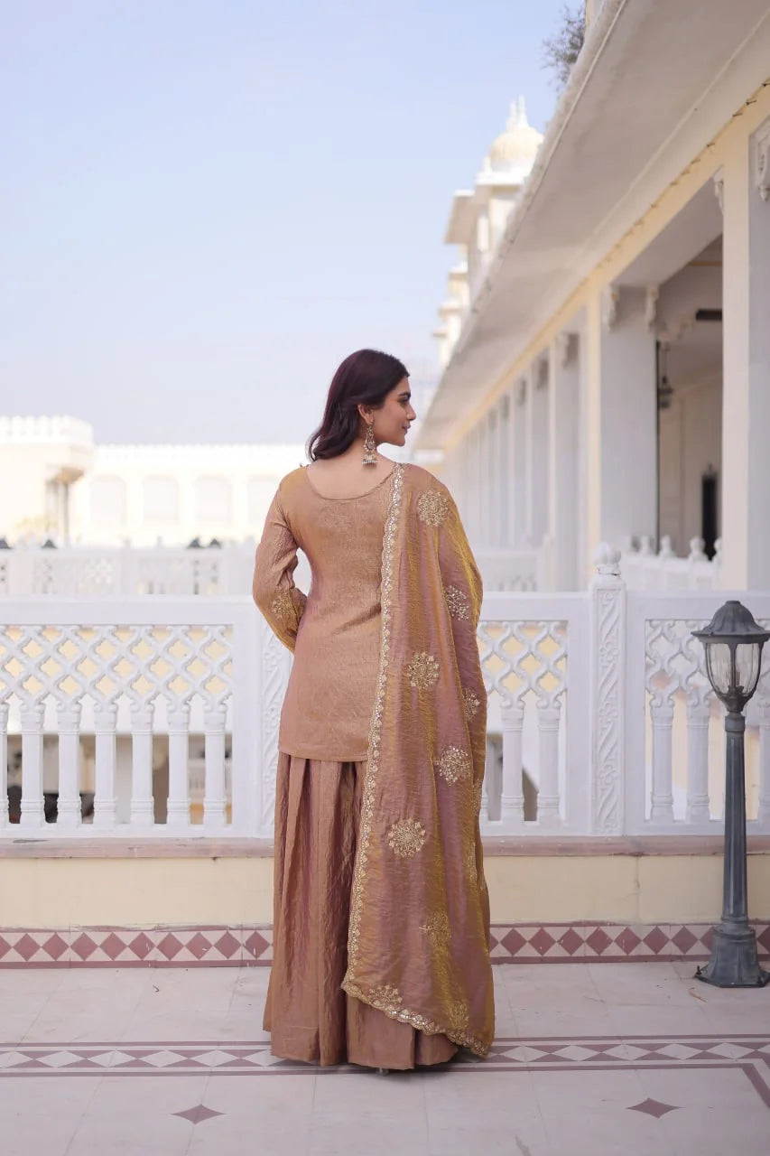 copper gharara back view with zari buti dupatta