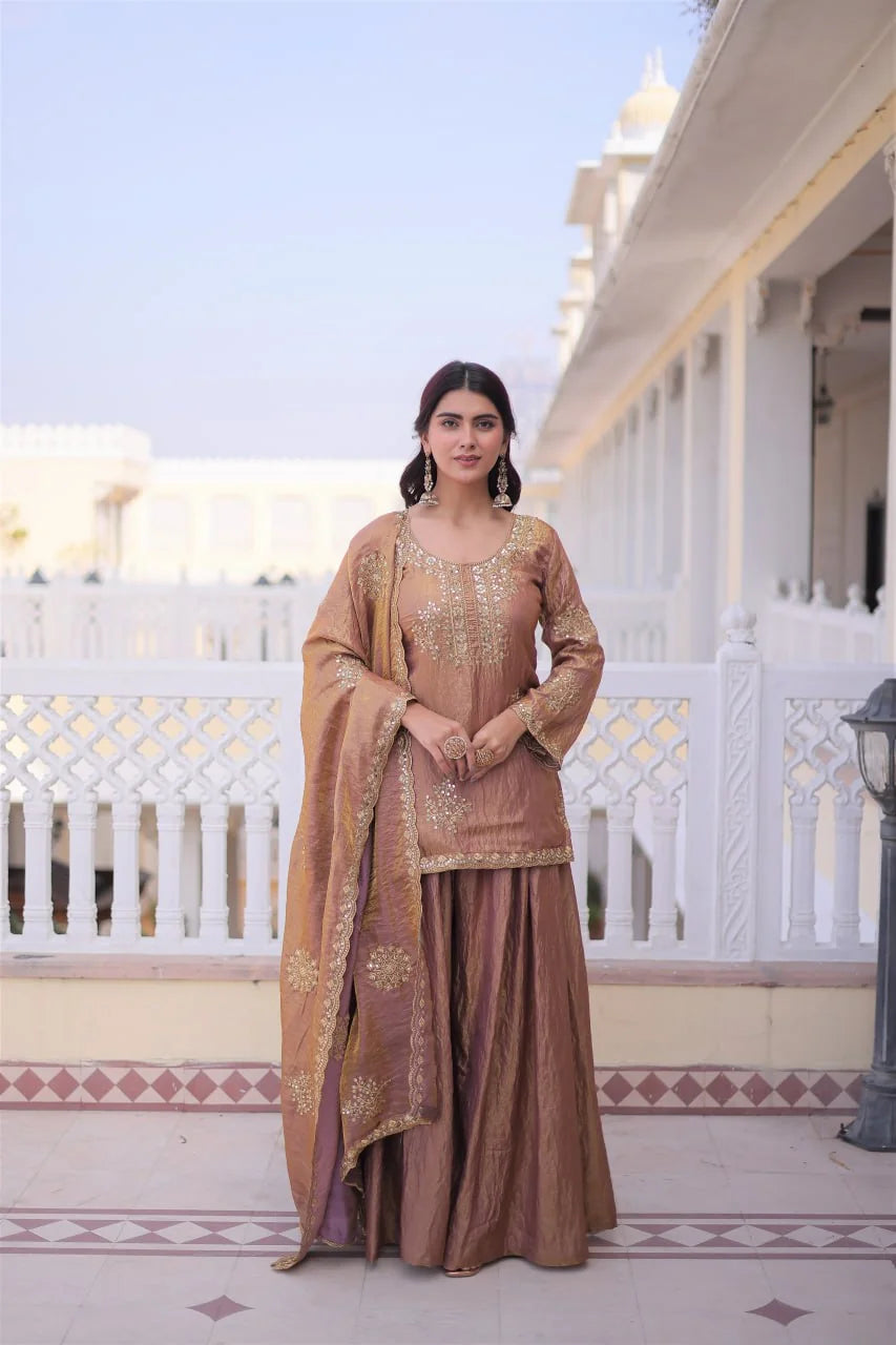 copper sharara set with short kurti front view