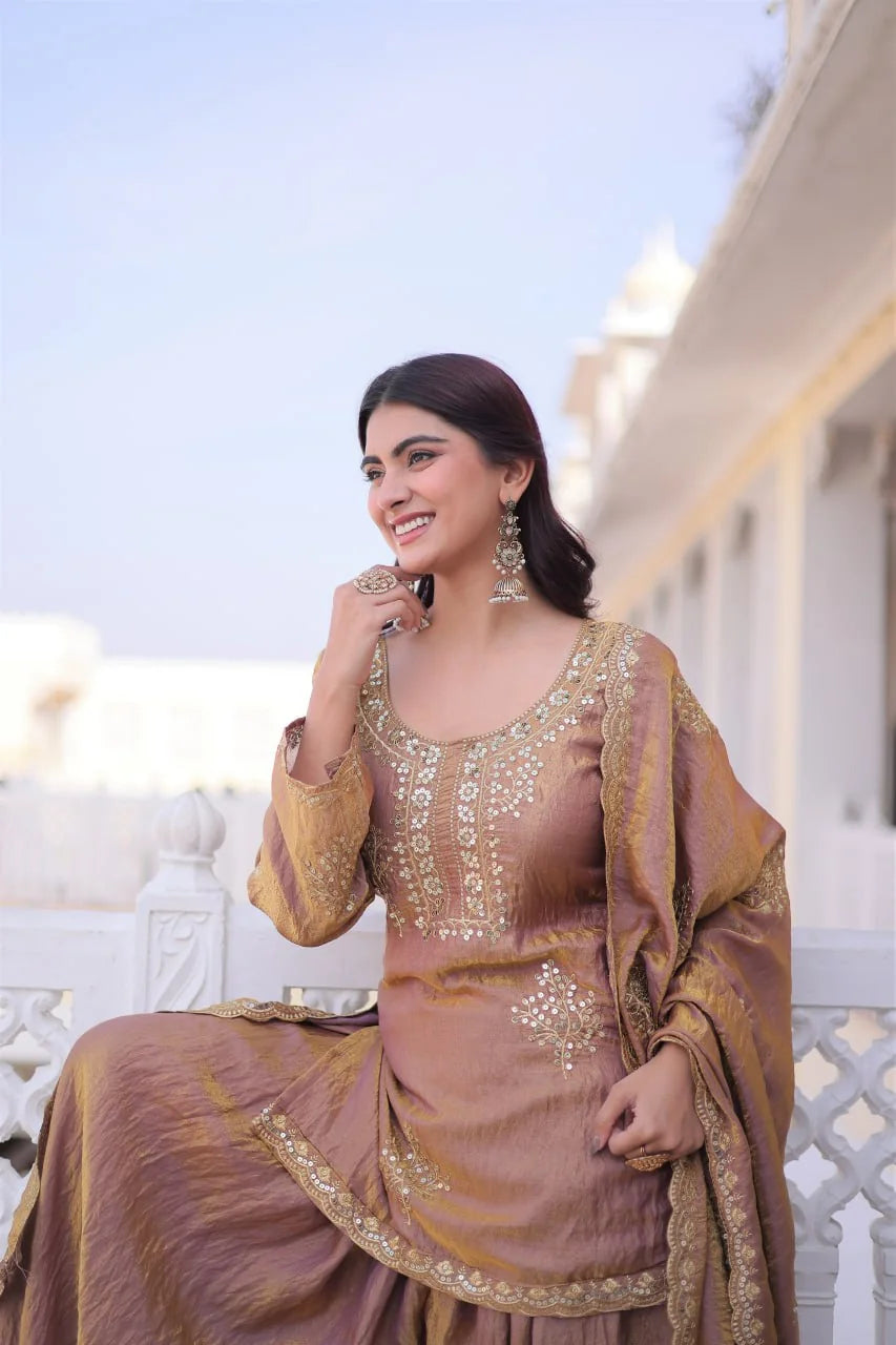 copper short kurti sharara set seated view