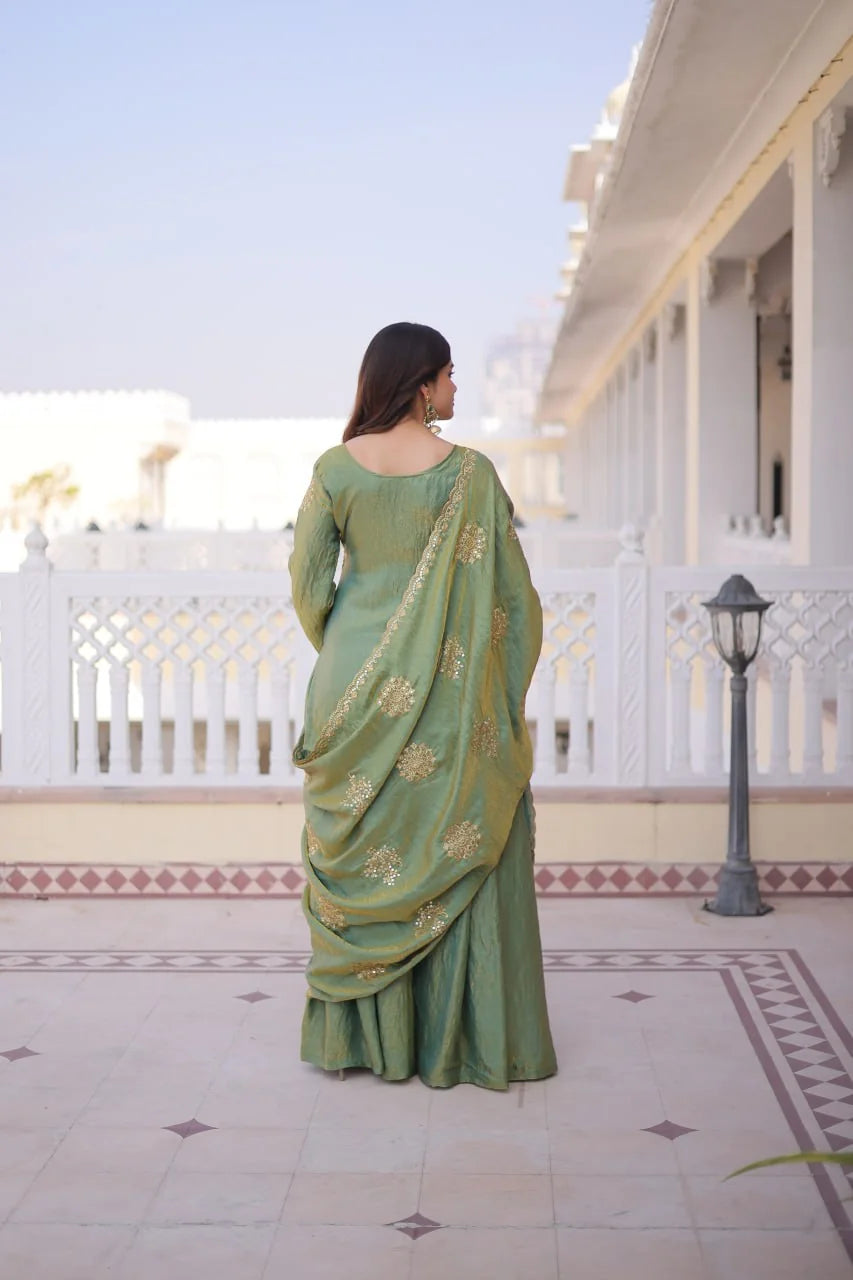 pista green gharara set back view with dupatta