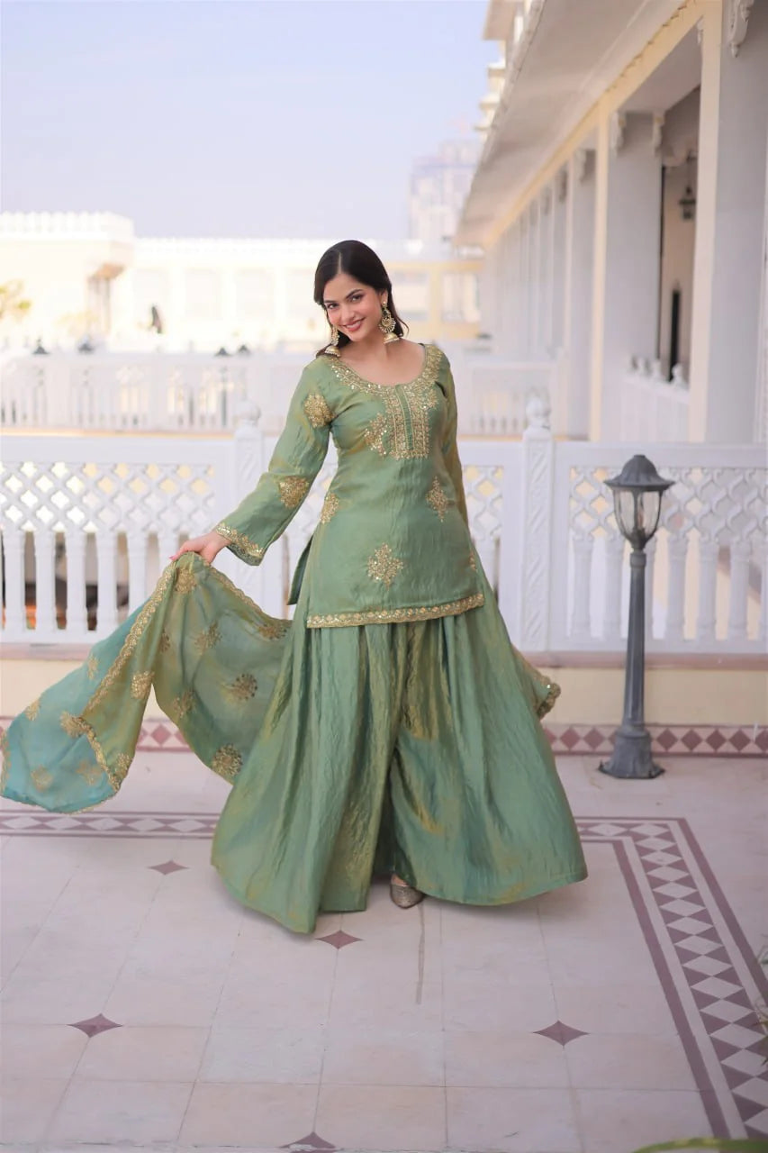 sharara set with short kurti pista green twirl view