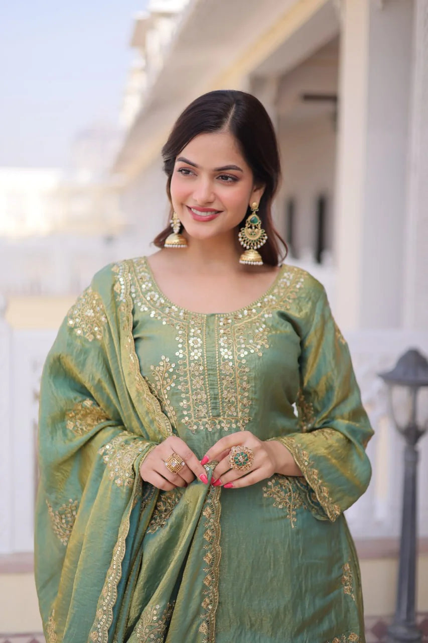 pista green kurti zari embroidered yoke closeup