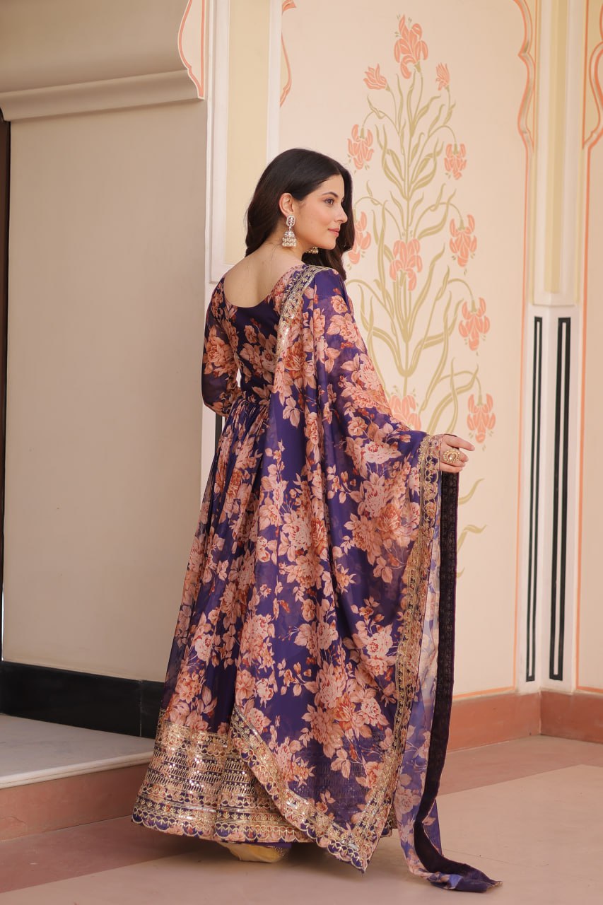 purple floral anarkali gown with sequin dupatta back view chicorawear