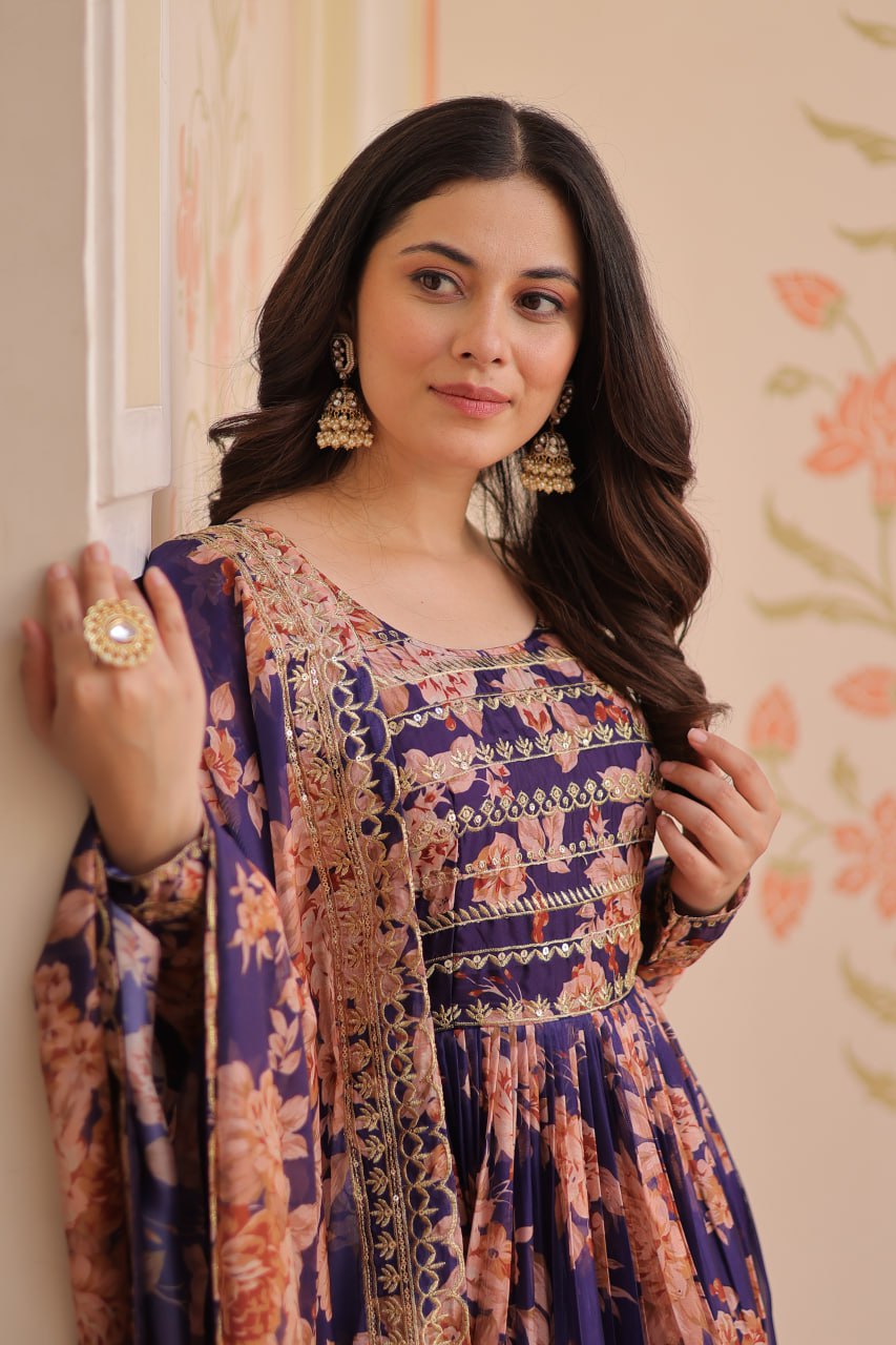 purple silk anarkali gown bodice sequin embroidery yoke detail