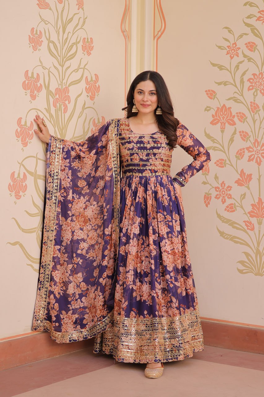 purple silk anarkali gown with dupatta floral digital print front standing