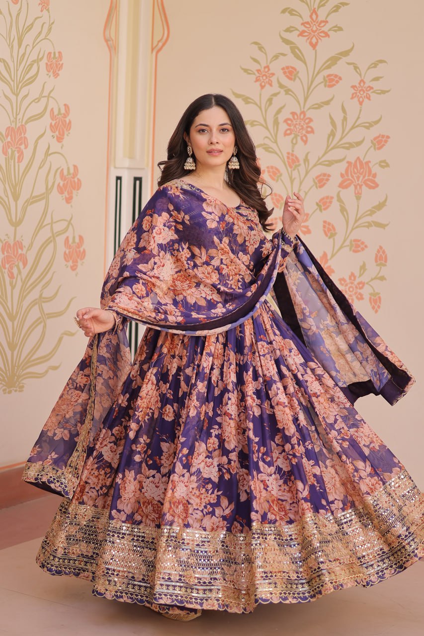 purple anarkali gown with dupatta sequin border 3 metre flair