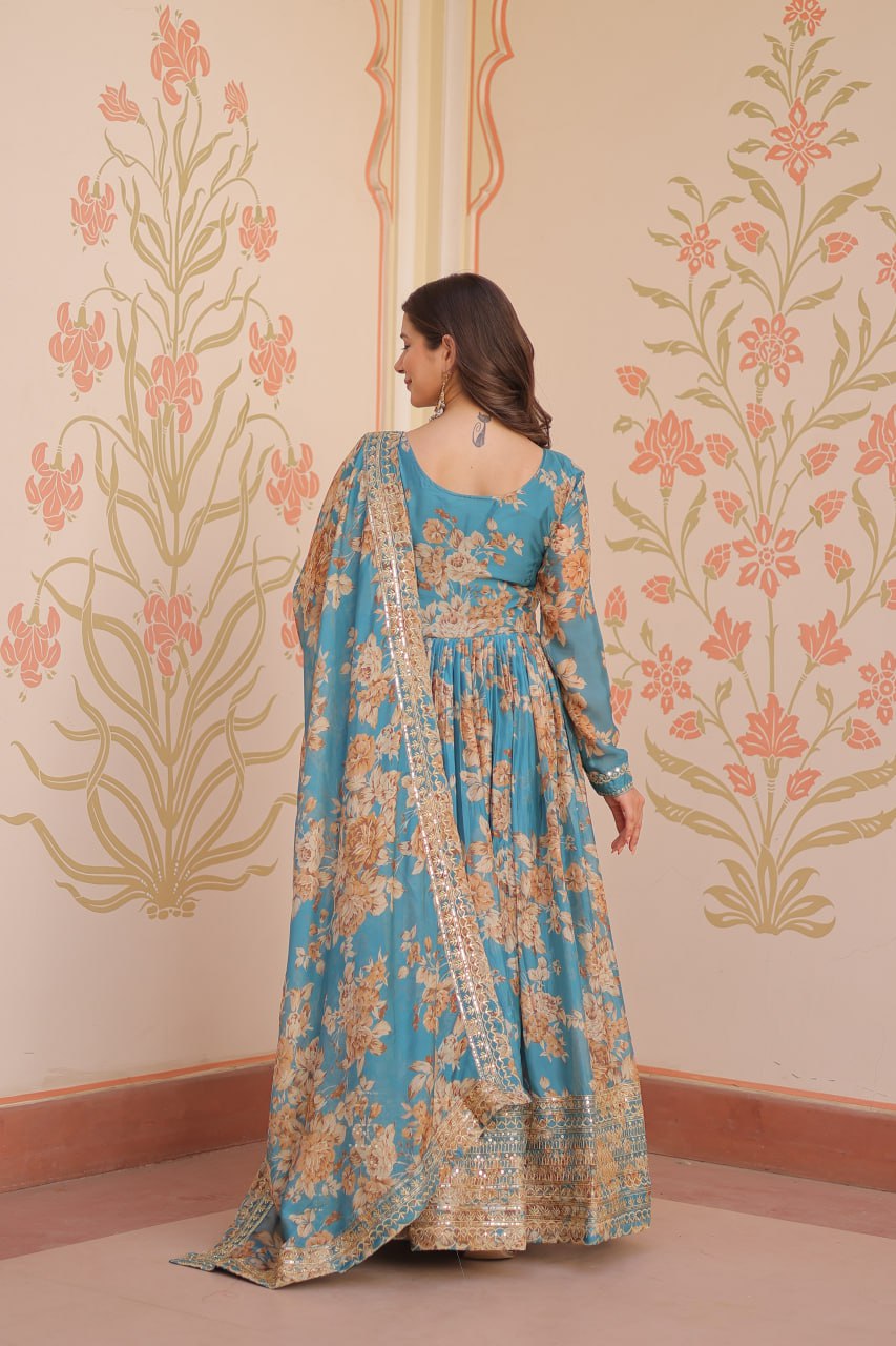 teal anarkali gown with sequin dupatta back draped view chicorawear