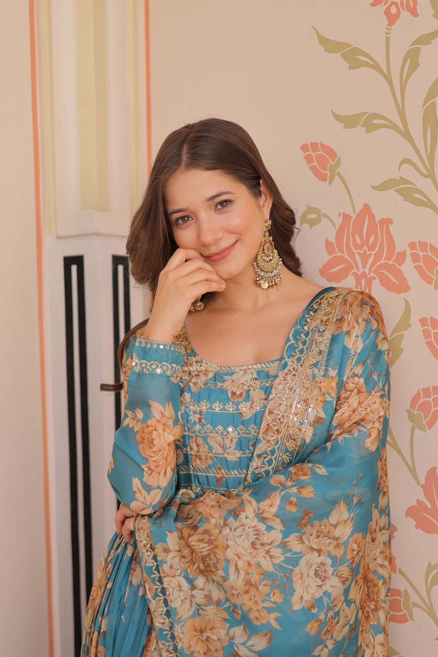 teal silk anarkali gown bodice sequin embroidery yoke close up
