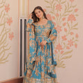teal blue anarkali gown with dupatta sequin border front standing view