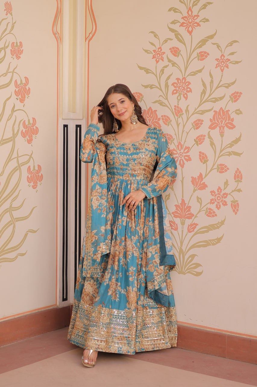 teal blue anarkali gown with dupatta sequin border front standing view