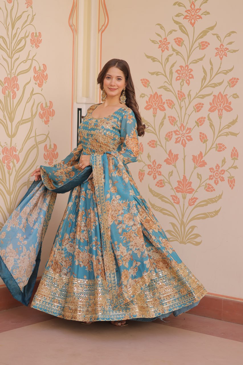 teal blue silk anarkali gown with dupatta floral digital print full flair