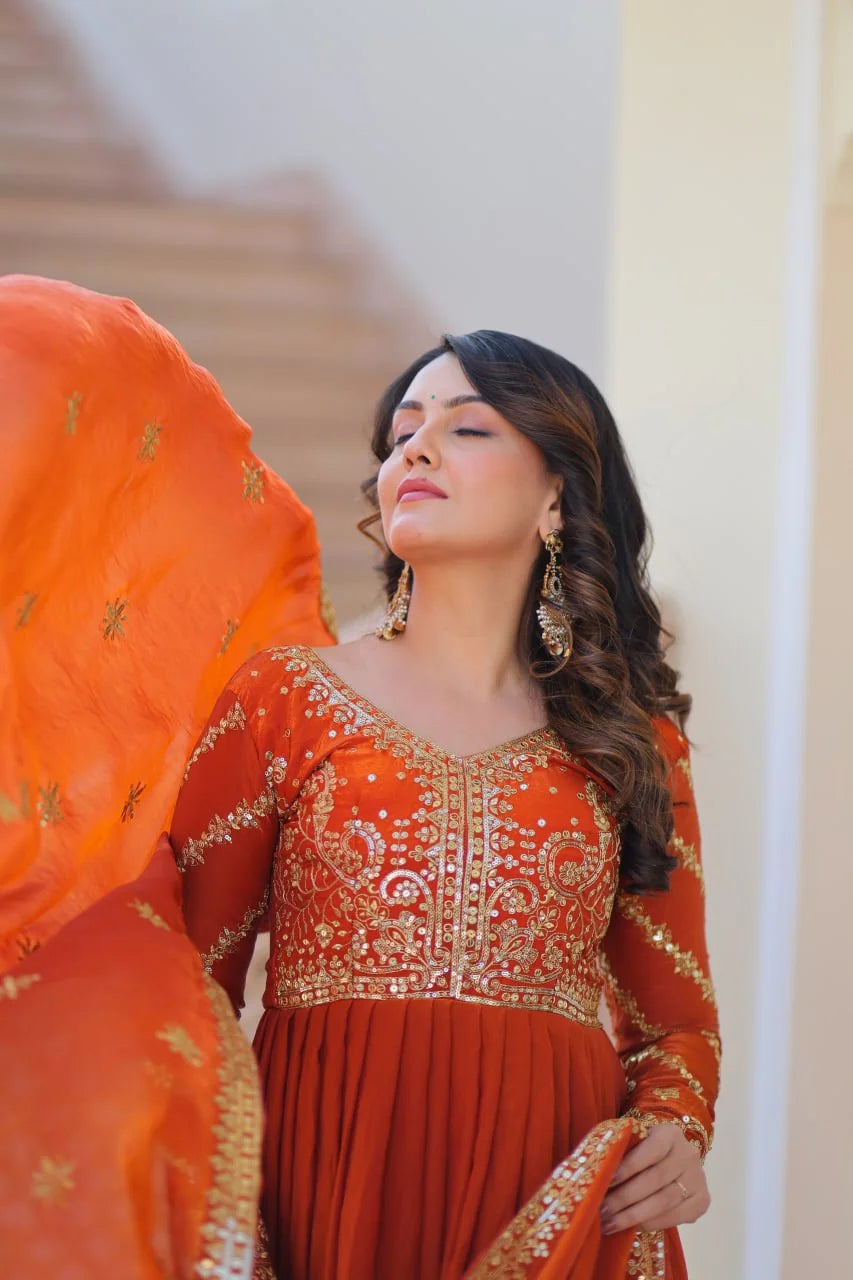 mehendi gold silk gown zari bodice embroidery closeup