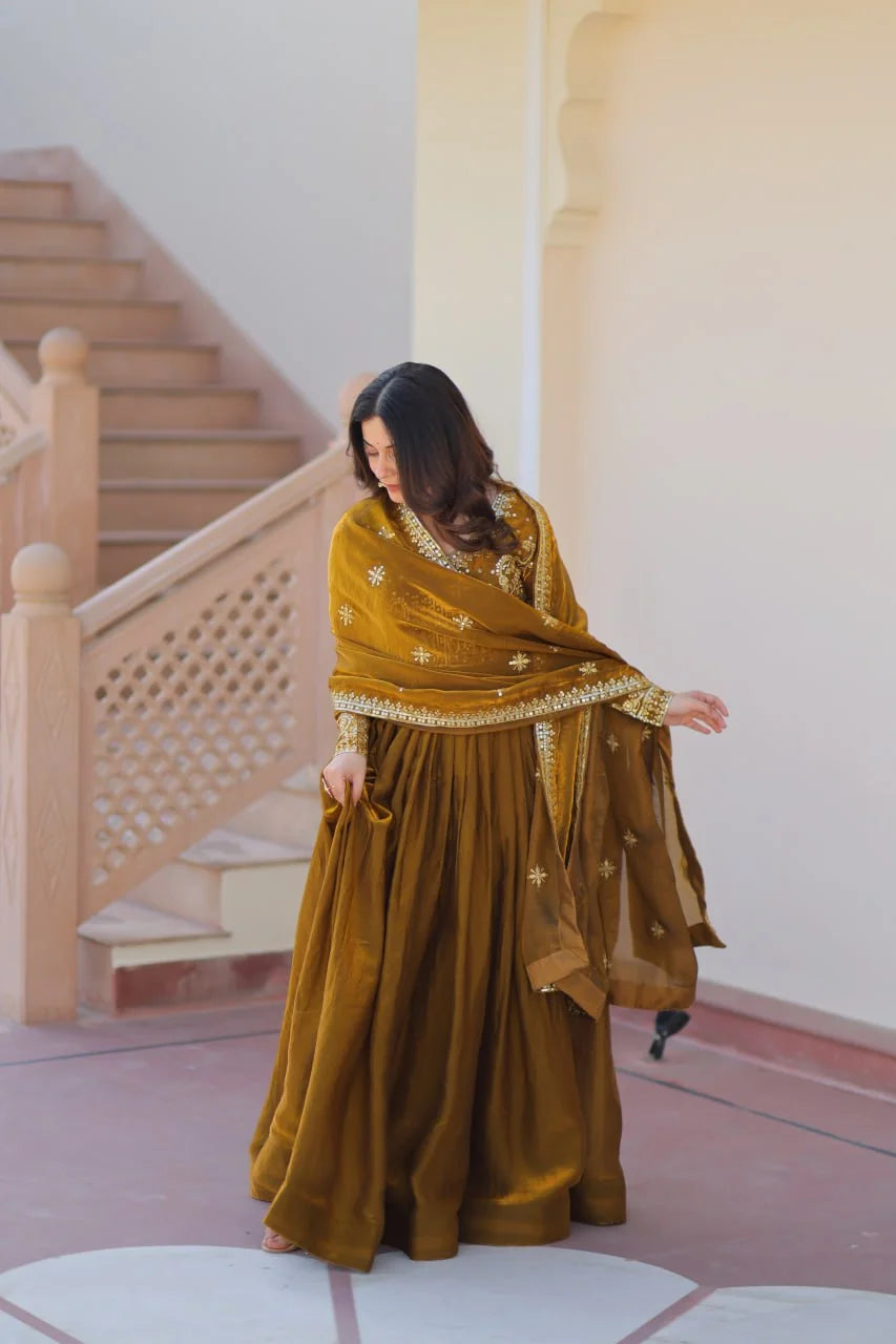 mehendi gold silk gown dupatta wrapped drape view