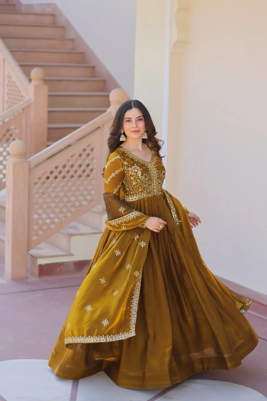 mehendi gold silk gown with dupatta full view