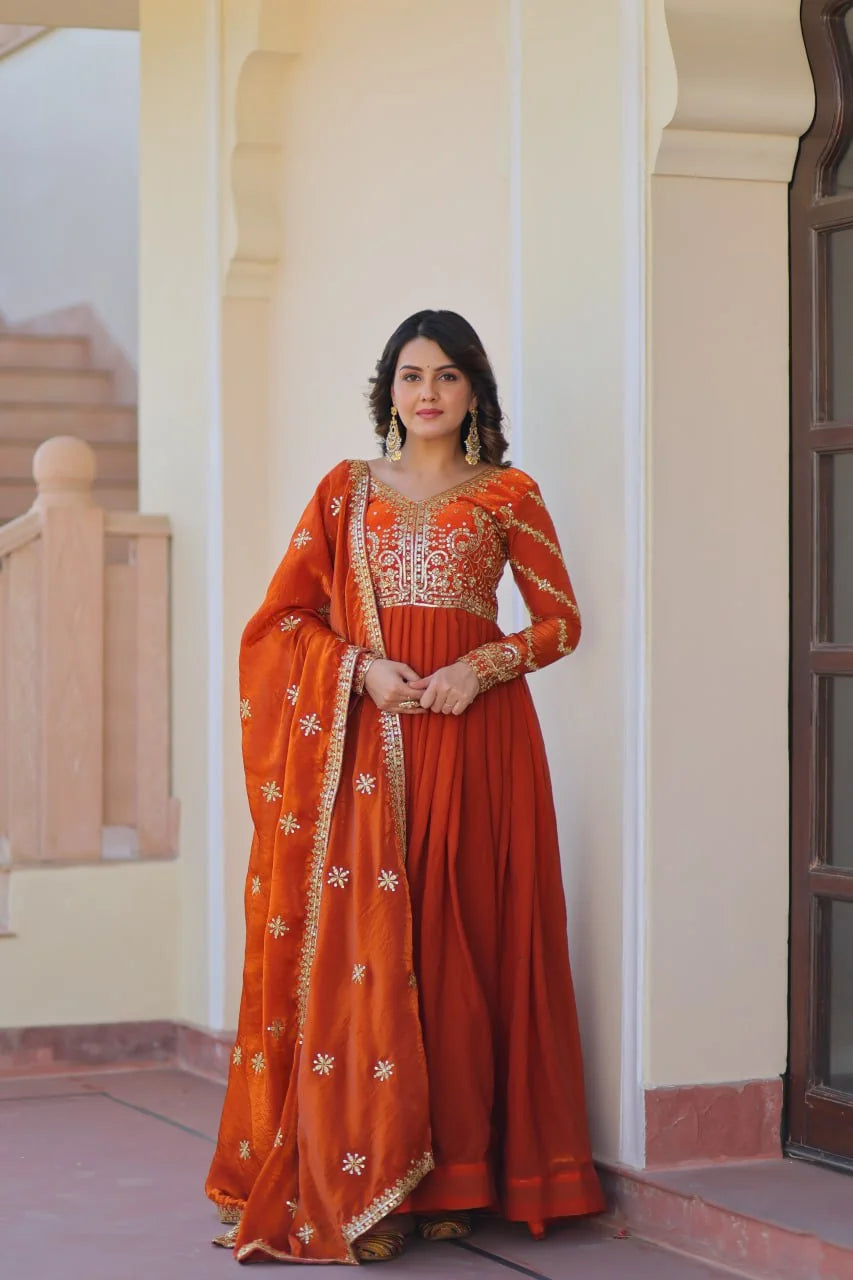 mehendi gold silk gown with dupatta twirl flair