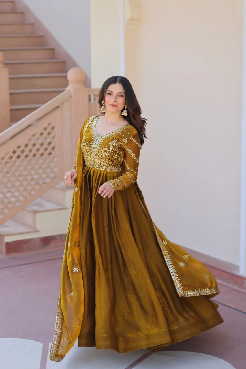 mehendi gold embroidered silk gown walking view