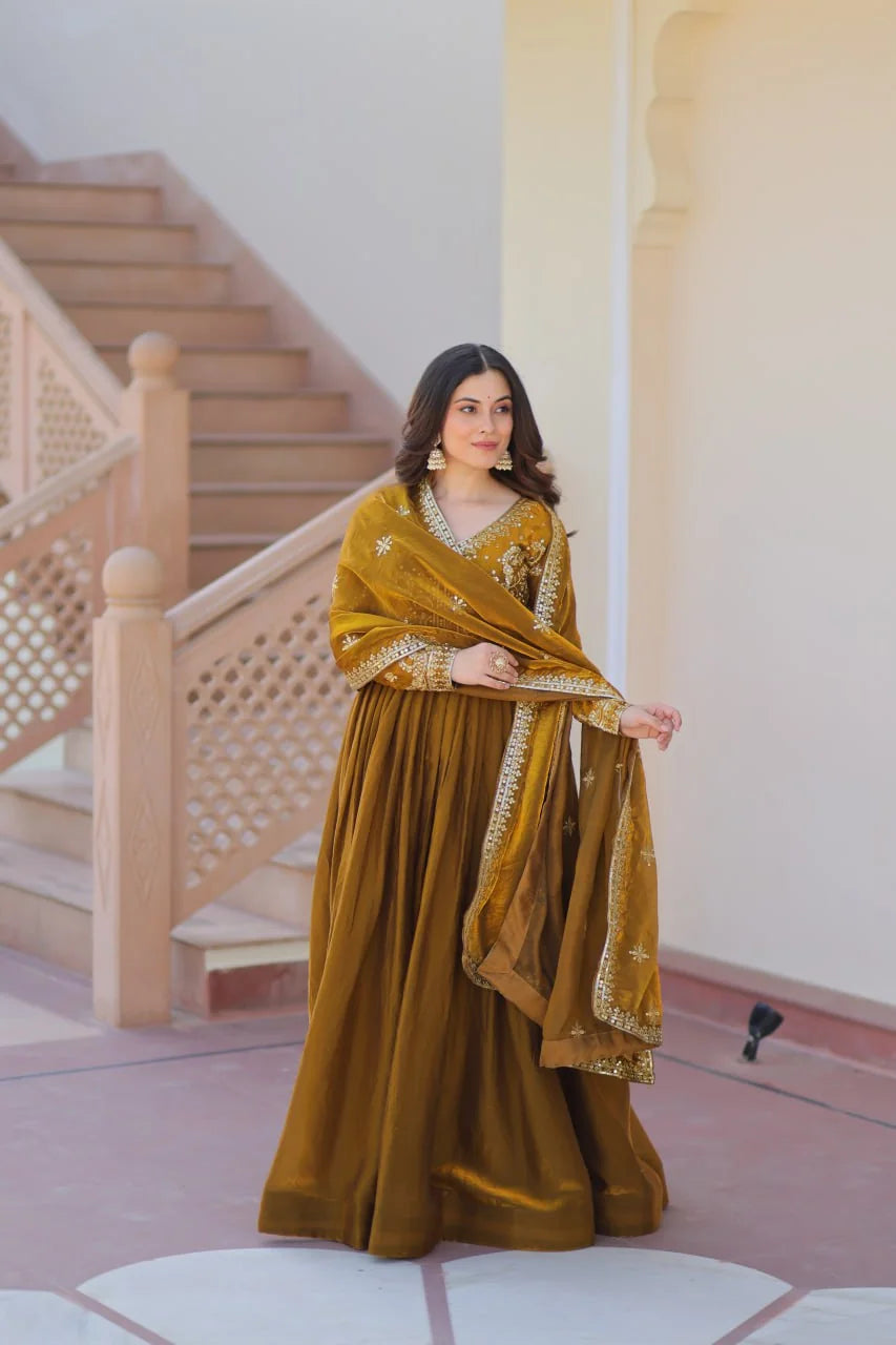 rust orange silk gown with dupatta spread full view