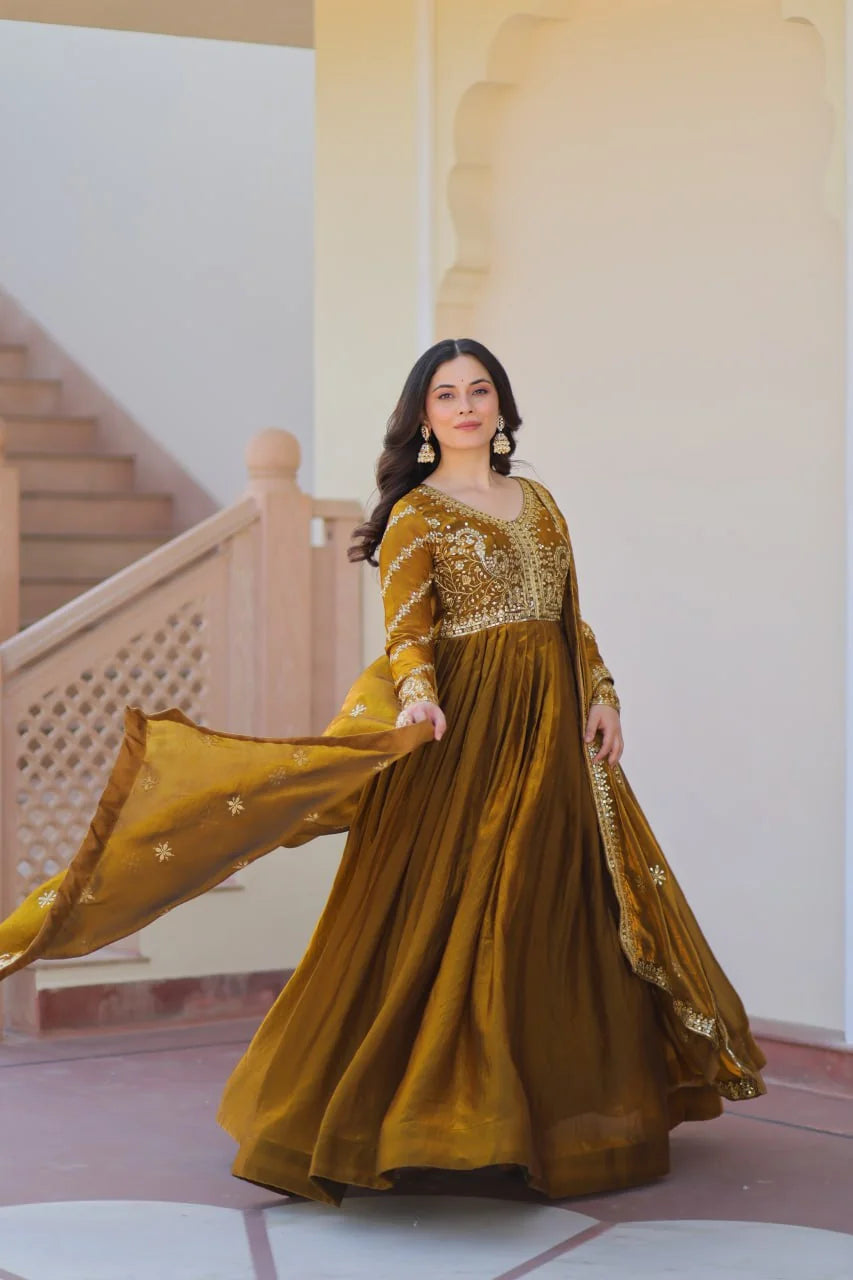rust orange embroidered silk gown front view with dupatta