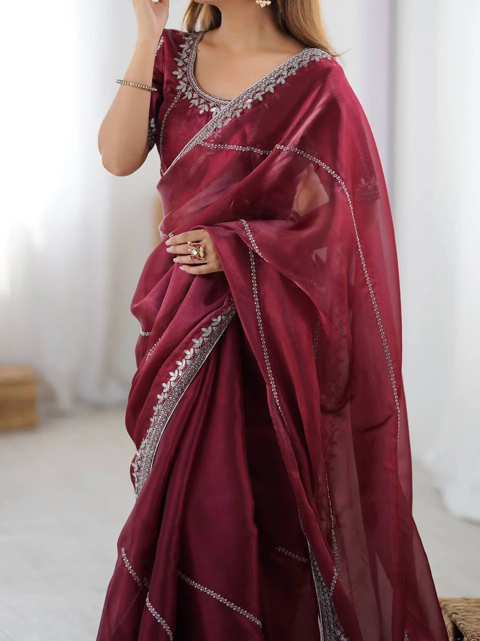 Lavender silk saree back drape — silver embroidered border and sequin body detail
