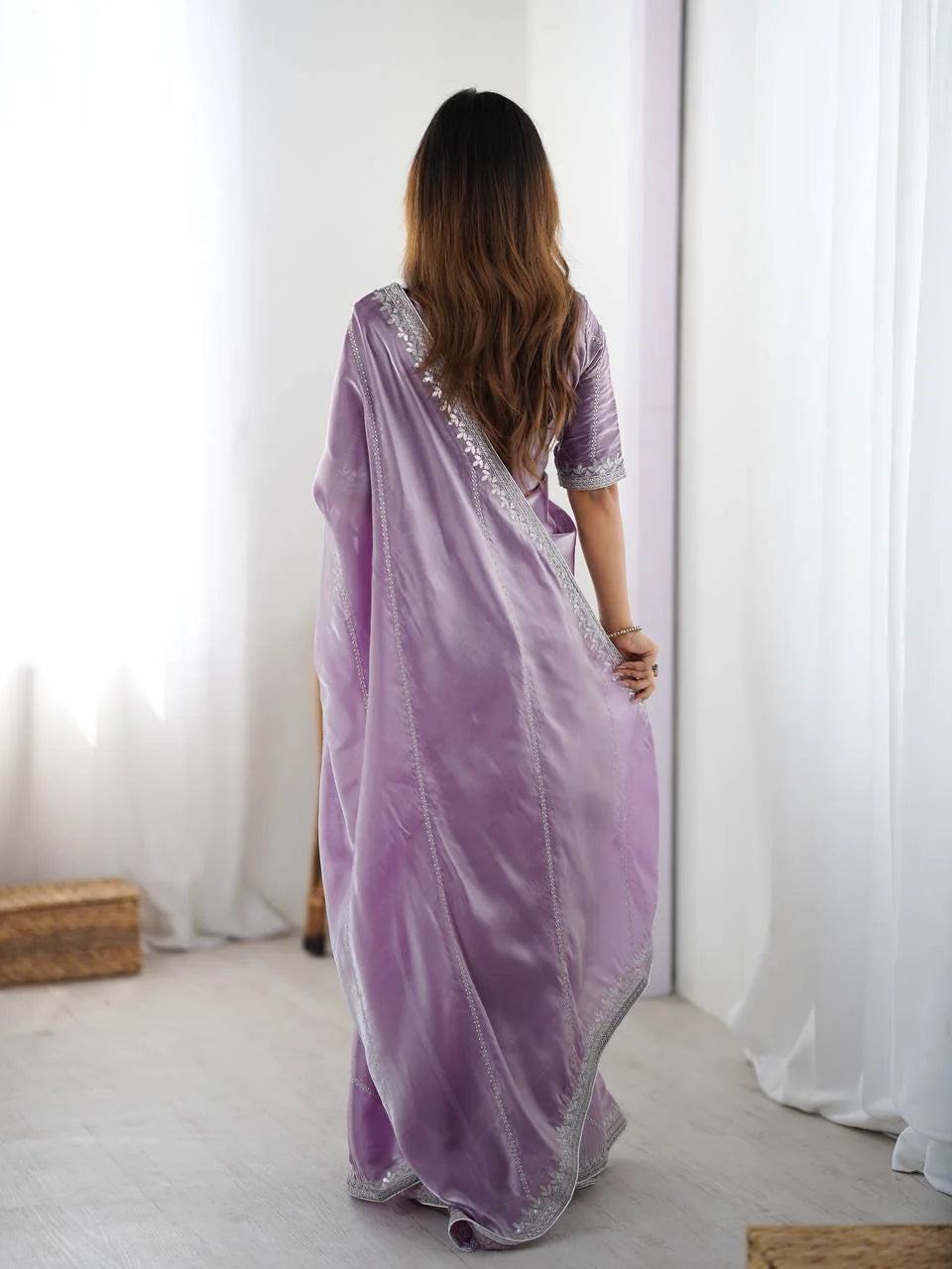 Lavender silk saree blouse — silver thread embroidery round neckline with inner lining