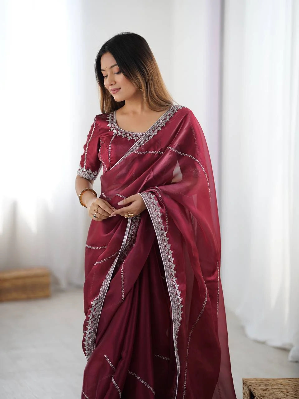 Heavy JMC silk saree lavender — full front view with silver embroidered matching blouse